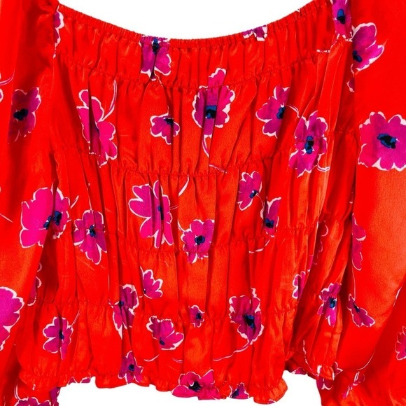 Sanctuary NWT Woven Satin 3/4 Puffed Sleeve Smocked Floral Print Red Crop Top S - Picture 5 of 10